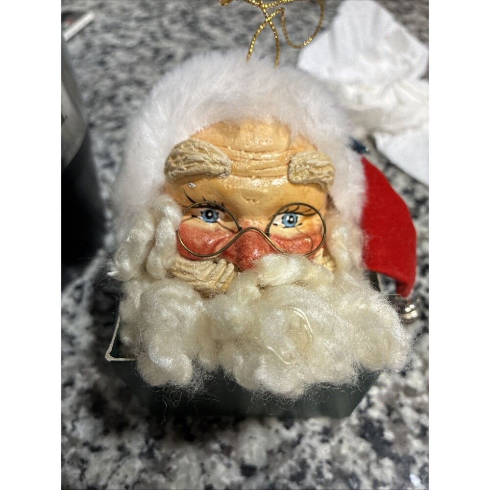 Vintage Santa Claus Head Hanging Christmas Ornament Hard Face Wire Glasses 4”